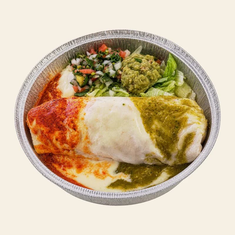 California burrito with red, green and cheese sauce