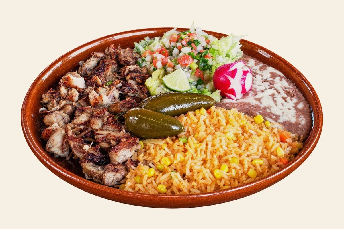 Carnitas with rice, refried beans, pico de gallo, radish, lime and pickled jalapeños