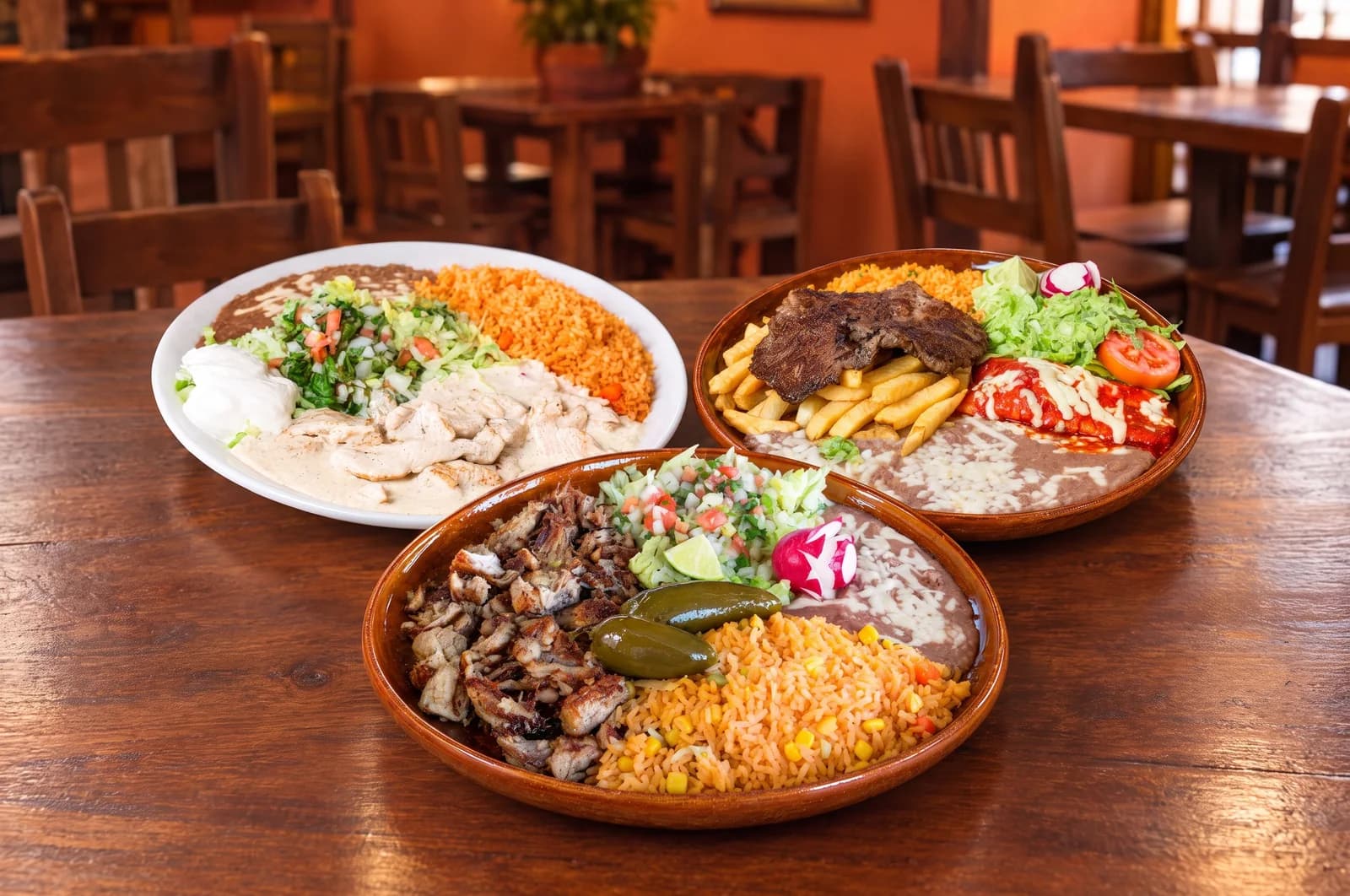 Carnitas, tampiqueña and pollo a la crema plates from Los Laureles