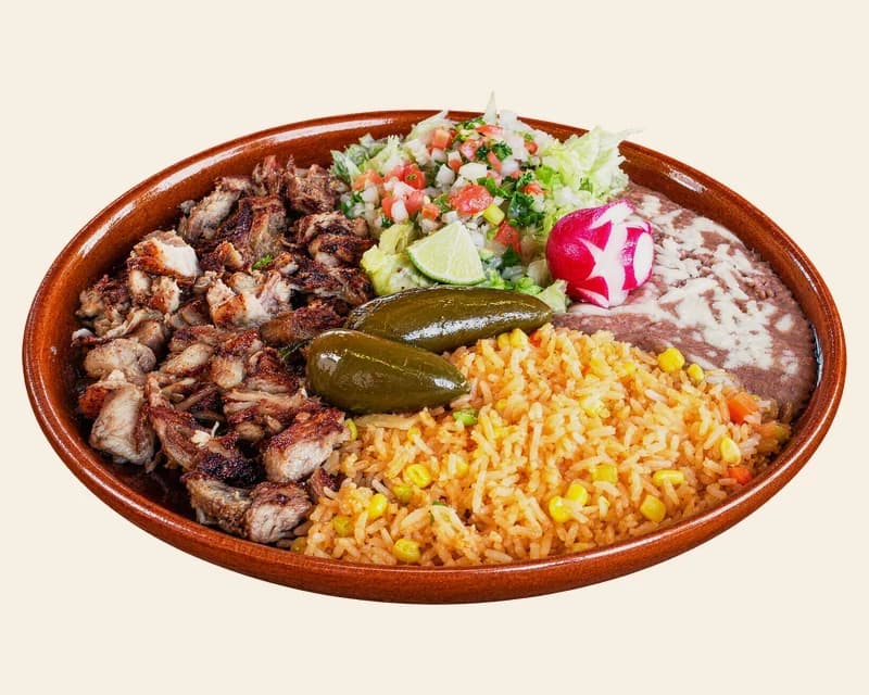 Carnitas plate with rice, beans, pico de gallo and pickled jalapeños