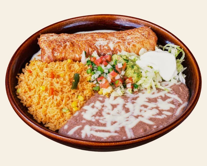 Chimichanga with rice, refried beans, pico de gallo and sour cream