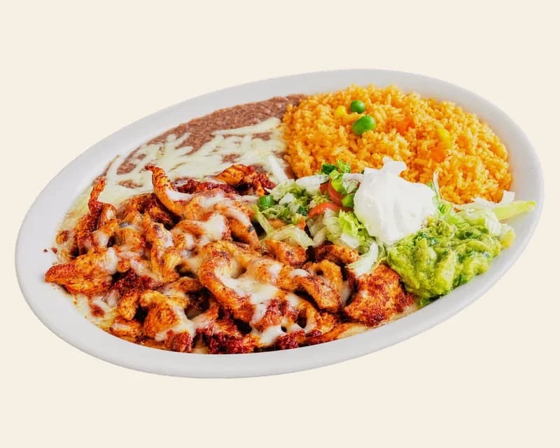 Chori pollo with rice, refried beans, guacamole and sour cream